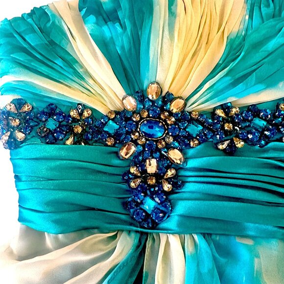 Y2K Bicici Strapless Teal & Cream Ombre Beaded Evening Gown Floor-Length XL - Picture 6 of 14